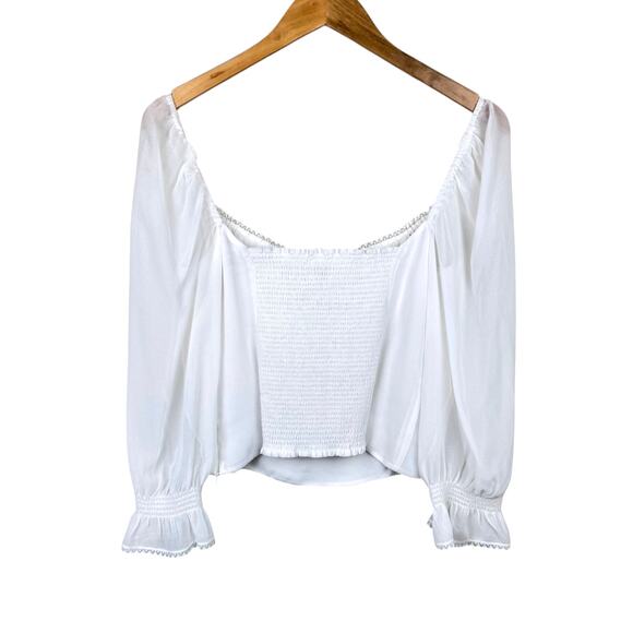 Aritzia Wilfred Duke Blouse White Sheer Long Sleeve Cropped Smocked Peasant Top - Picture 10 of 14